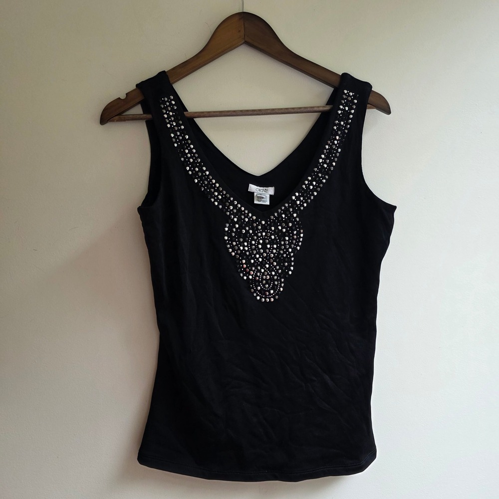 Cache Vintage Y2K Black Studded V Neck Tank Top Sleeveless Blouse Large